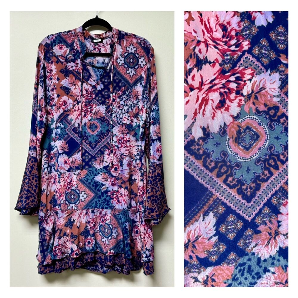 TOLANI Boho Mixed Print Layered Hem Long Sleeve Dress, Sz L